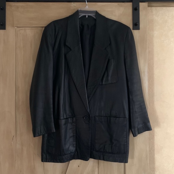 100% black leather oversized blazer jacket — vintage - Picture 4 of 11